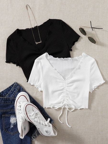 

2pcs drawstring front lettuce trim crop tee b4r4#, White