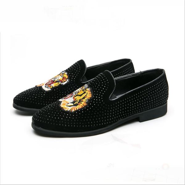

men suede leather shoes rhinestone casual loafers moccasins oxfords shoes party nightclub footwear slip-on driving flats da017, Black