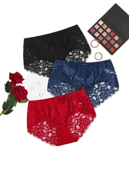 

plus 3pack contrast floral lace panty a996#, Black;white