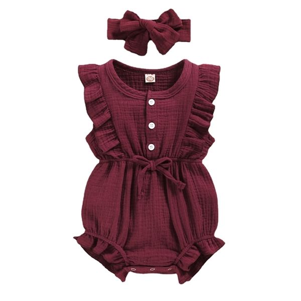 

summer born infant baby girls romper headband ruffles sleeve baby playsuit jumpsuit button breasted linen baby clothing 220707, Blue