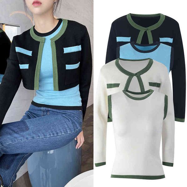 

women's knits tees contrast color knitted cardigan jacket autumn vest two piece round neck slim fit gk2z, White