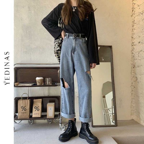 

yedinas high waist ripped jeans women straight mopping female vintage hole denim pants boyfriend long trousers torn 210527, Blue