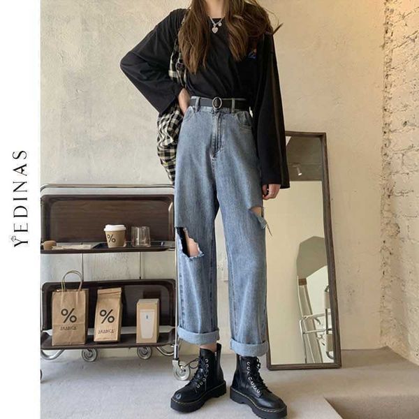 Jeans de cintura alta Yedinas High Women Women Mulpping Feminino Vintage Hole Denim Pants Namorado Longo TRUSHERS DO 210527