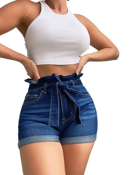 

paperbag waist roll hem belted denim shorts k8bg#, White;black