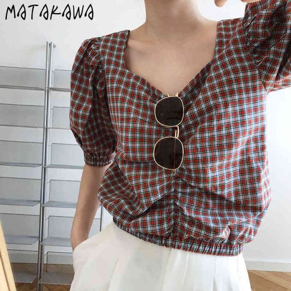 

highwaist blouse women plaid shortsleeved shirt womens summer french square collar blusas short puff sleeve 210506, White