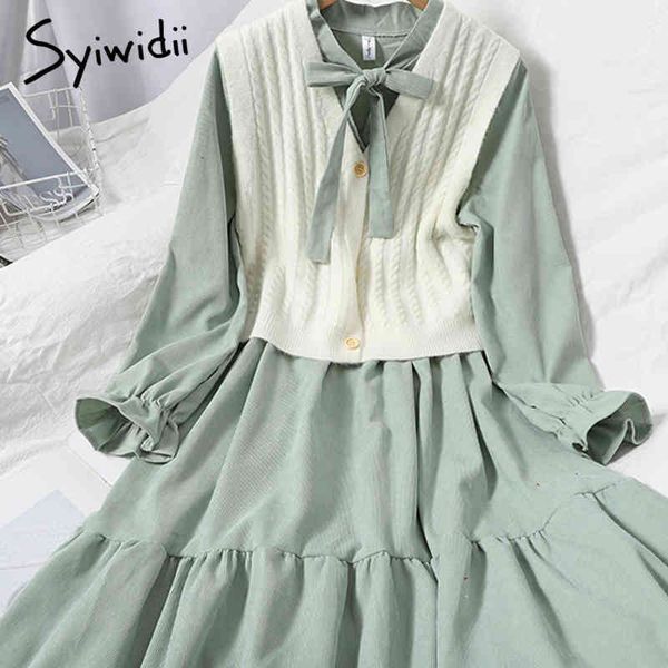 

2 piece vest jumper and ruffles dress women knitted flare sleeve vneck shirts bandage stand collar dresses spring 210415, White