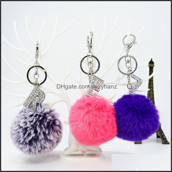 Key Rings J￳ias J￳ias fofas anel de pompom Lady Faux Rabbit Fur Ball Keychains Crystal A-Z Alphabet Letters Keyfobs Holder Acces DHTMO