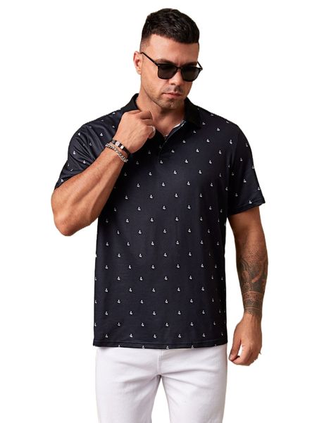 

extended sizes men anchor print polo shirt 67vy#, White;black