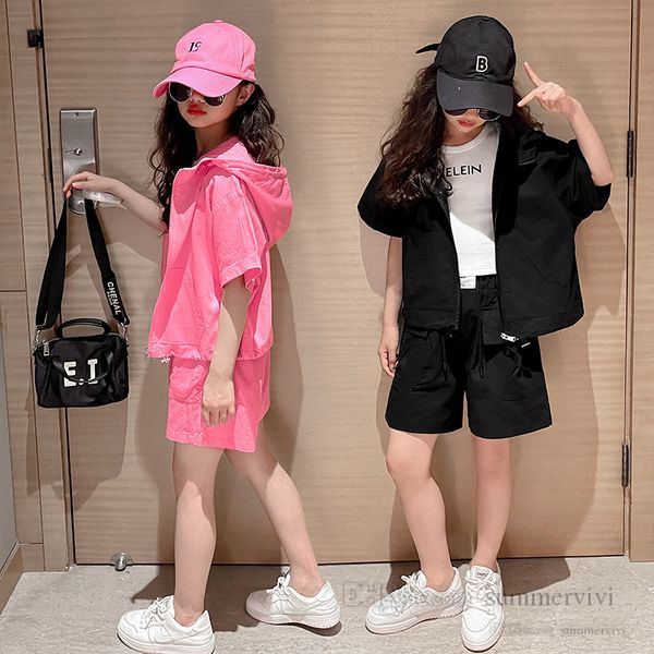 

big kids sports clothes sets girls letter t-shirt+hooded short sleeve zipper +loose shorts 3pcs 2022 summer children casual outfits q5552, White