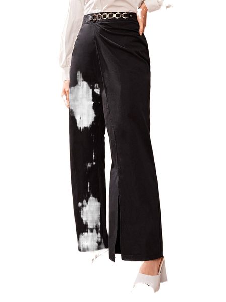 

high waist chain detail wrap hem straight leg pants z7m0#, Black;white