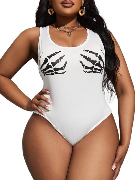 

sxy plus skeleton print tank bodysuit a1d3#, Black