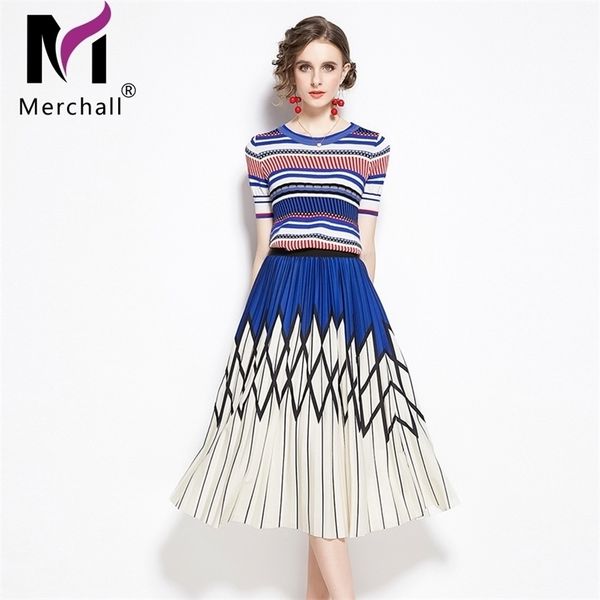 

arrival summer stripe knit and printed a-line long skirt two piece sets women runway design fashion set suit 220318, White