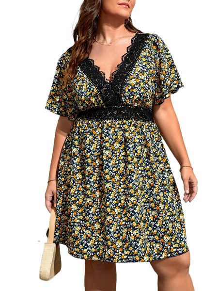 

plus ditsy floral lace panel a-line dress r9ip#, Black