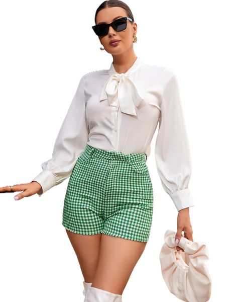 

houndstooth print high waist shorts t0qj#, White;black