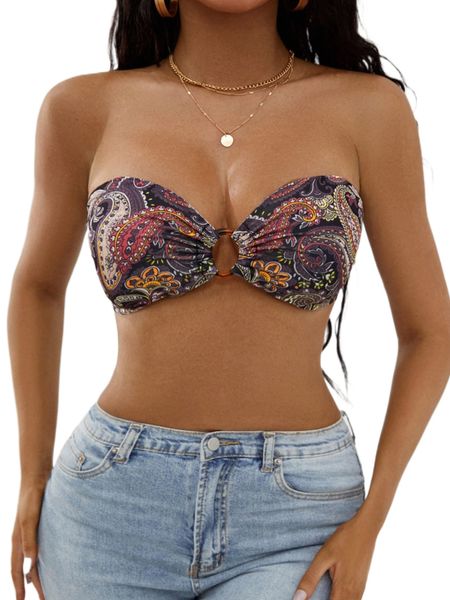 

paisley print o-ring ruched bust crop tube z3f9#, White
