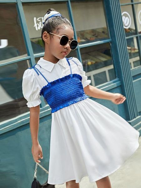 

girls knot strap shirred cami & puff sleeve shirt dress she, White