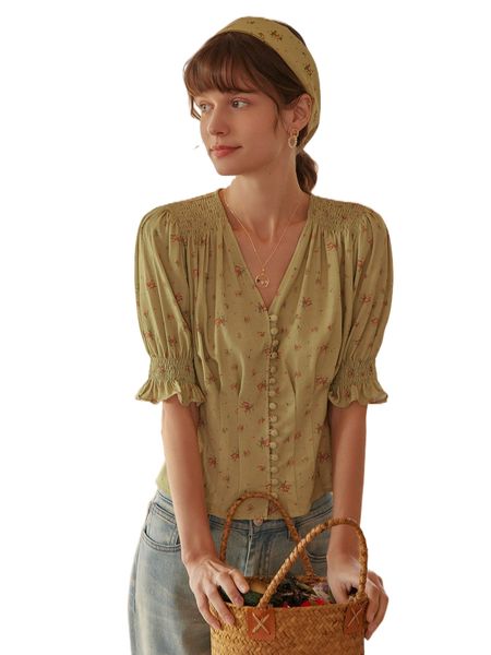 

simple retro floral print shirred puff sleeve blouse x0no#, White