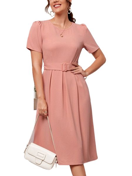 

solid round neck belted dress b1sm#, Black;gray