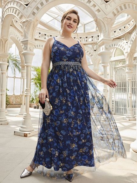 

plus floral print sequin insert contrast mesh cami dress g8tf#, Black