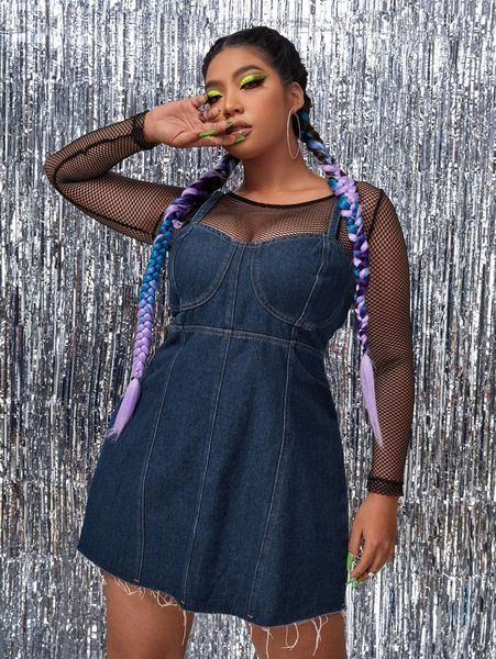 

plus raw hem zipper denim dress without u571#, Black