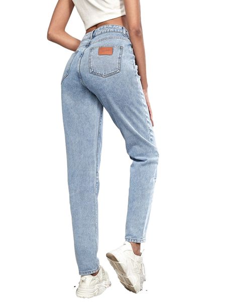 

tall high waist letter patched detail mom jeans 60fd#, Blue