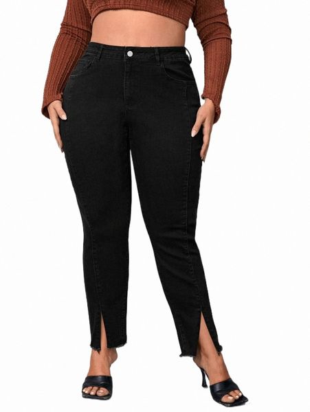 

plus high waist raw cut split hem skinny jeans a02i#, Blue