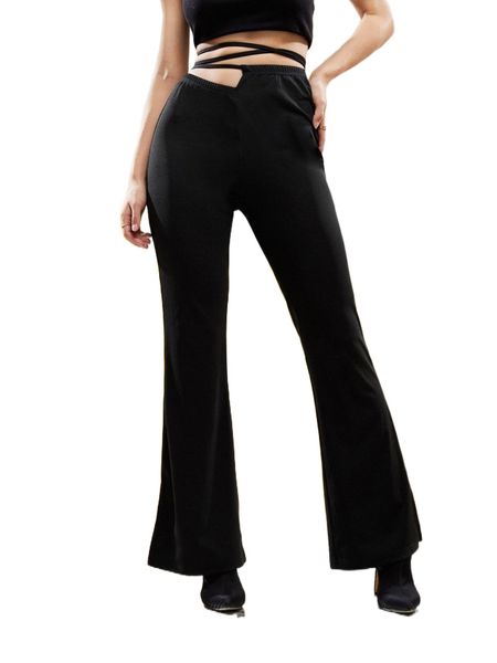 

x angela jia crisscross knot asymmetrical waist flare leg pants j3zw#, Black;white