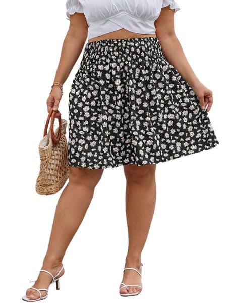 

plus allover floral shirred waist skirt y36w#, Black