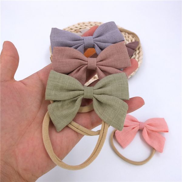 

3.2" newborn linen cotton bow nylon headband baby knotbow hair clip girls nylon turban kids hairpin barrette, Slivery;white