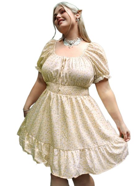 

fairy grunge plus ditsy floral print knot front shirred ruffle hem dress s6jn#, Black