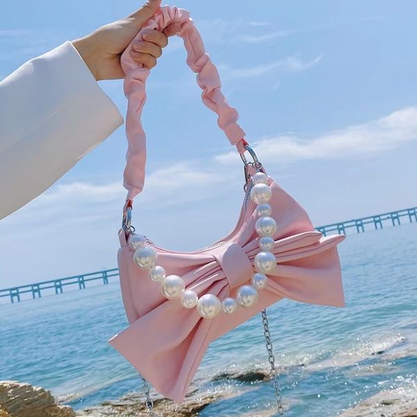 

designer woman bags small personality bowknot evening bag white new tide pearl underarm handbag pleated chain slant shoulder bag