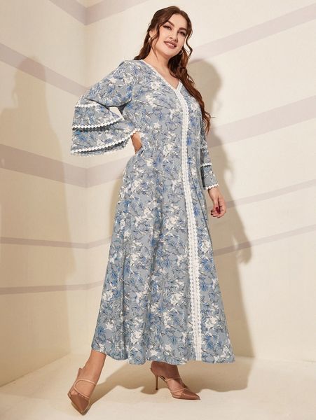 

plus floral print guipure lace detail trumpet sleeve dress f7c6#, Black