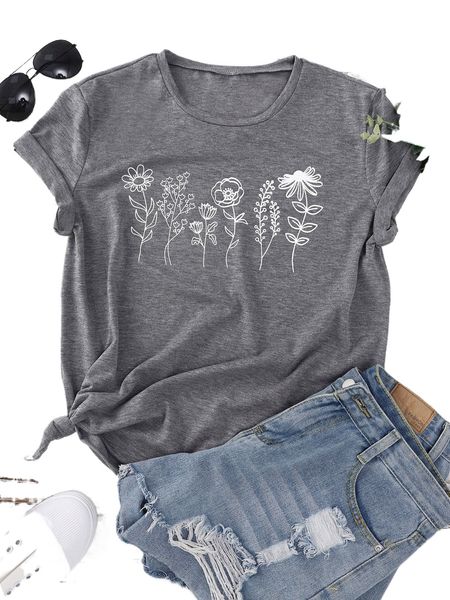 

floral & plants print t-shirt 56y3#, White