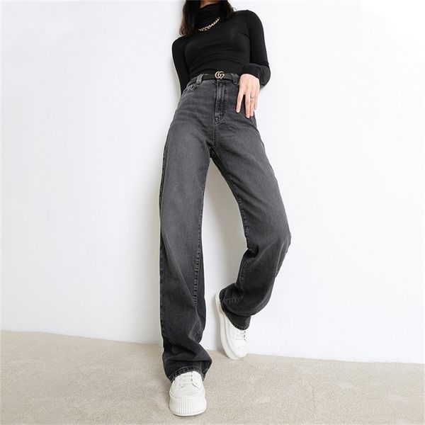 

women's casual denim pants high waisted wide leg jeans autumn winter tall instantly slims relaxed fit straight leg jean 210302, Blue