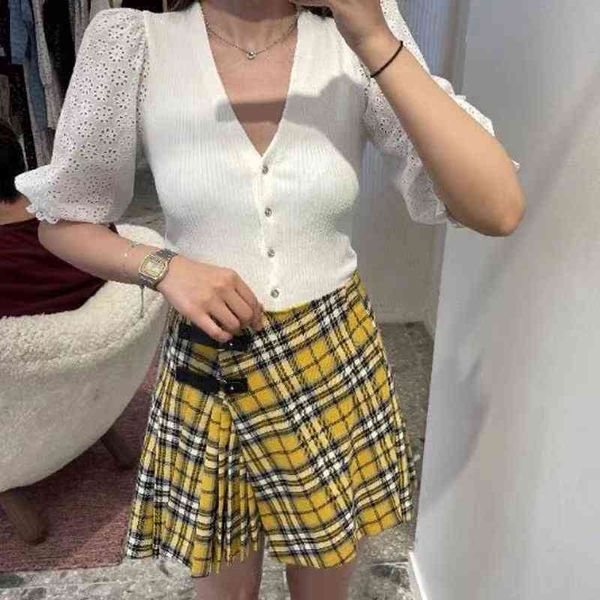 

women's sweaters fadan  family spring and summer temperament lady style v-neck hollow lace bubble sleeve sweater, White;black