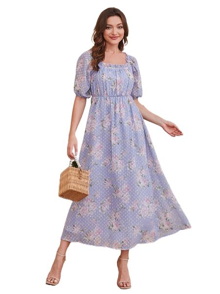 

1pc swiss dot floral print puff sleeve frill trim dress 30vs#, Black;gray