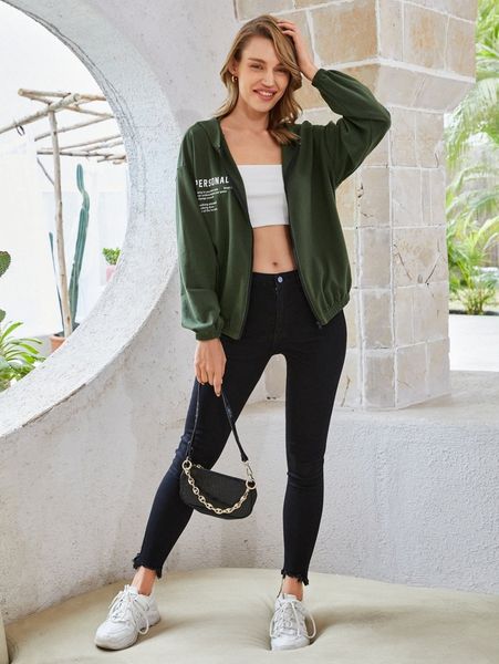 

zip up slogan graphic drop shoulder hoodie d928#, Black