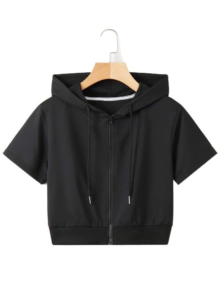 

zip up crop drawstring hoodie y562#, Black