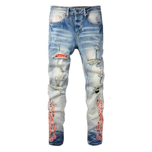

men's jeans 836th street fashion hole patch jeans high men's personalized printing design slim zipper leggings y1y9, Blue