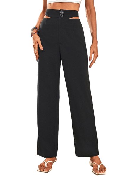 

cut out waist straight leg pants u6yr#, Black;white