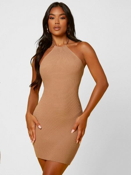 

sxy rib-knit tie backless bodycon sweater halter dress r1ja#, White;black