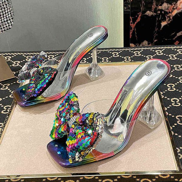 Transparente PVC Kristall Klar Mit Hohen Absätzen Frauen Hausschuhe Mode Fischschuppen Bogen High Heels Weibliche Maultiere Rutschen Sommer Sandalen Schuhe 220520