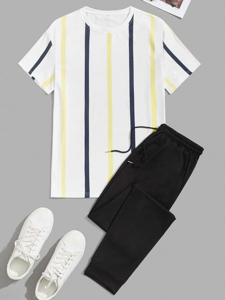 

men striped print tee & drawstring waist sweatpants l0h4#, Gray