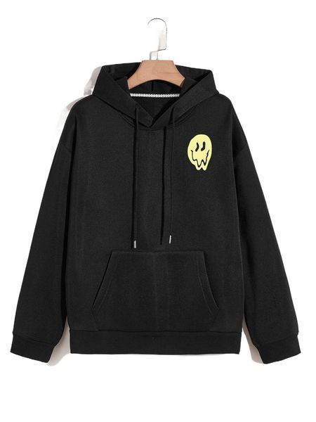 

men slogan & cartoon graphic thermal hoodie c37y#, Black