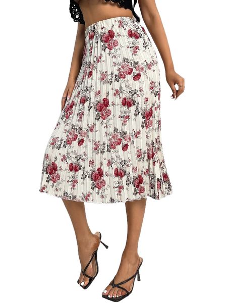 

sxy high waist floral print pleated skirt d037#, Black