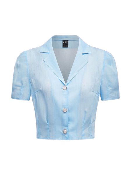 

lapel neck puff sleeve blouse x9y0#, White