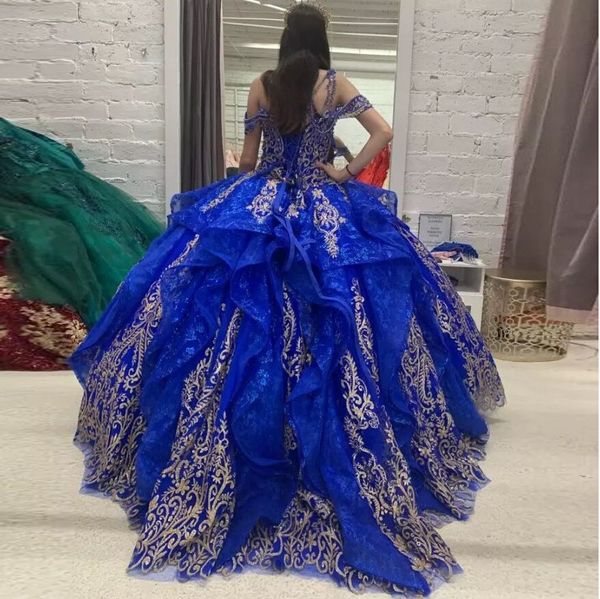Royal Blue Quinceanera Dress Ball Gowns 2022 Tulle Occasioni speciali Appliques Paillettes Lunghezza pavimento Abito da principessa Sweet 15 16 Abiti personalizzati