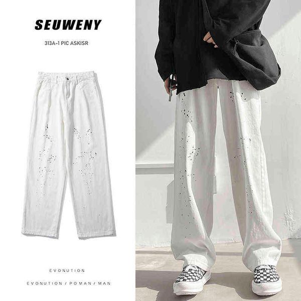 

korean wide-leg jeans men's fashion retro splash ink jeans men streetwear loose hip-hop straight-leg denim trousers mens s-2xl t220726, Blue