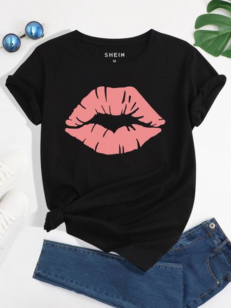 

lip print round neck tee l68l#, White