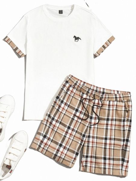 

men horse print contrast plaid trim tee & drawstring waist shorts m4yf#, Gray